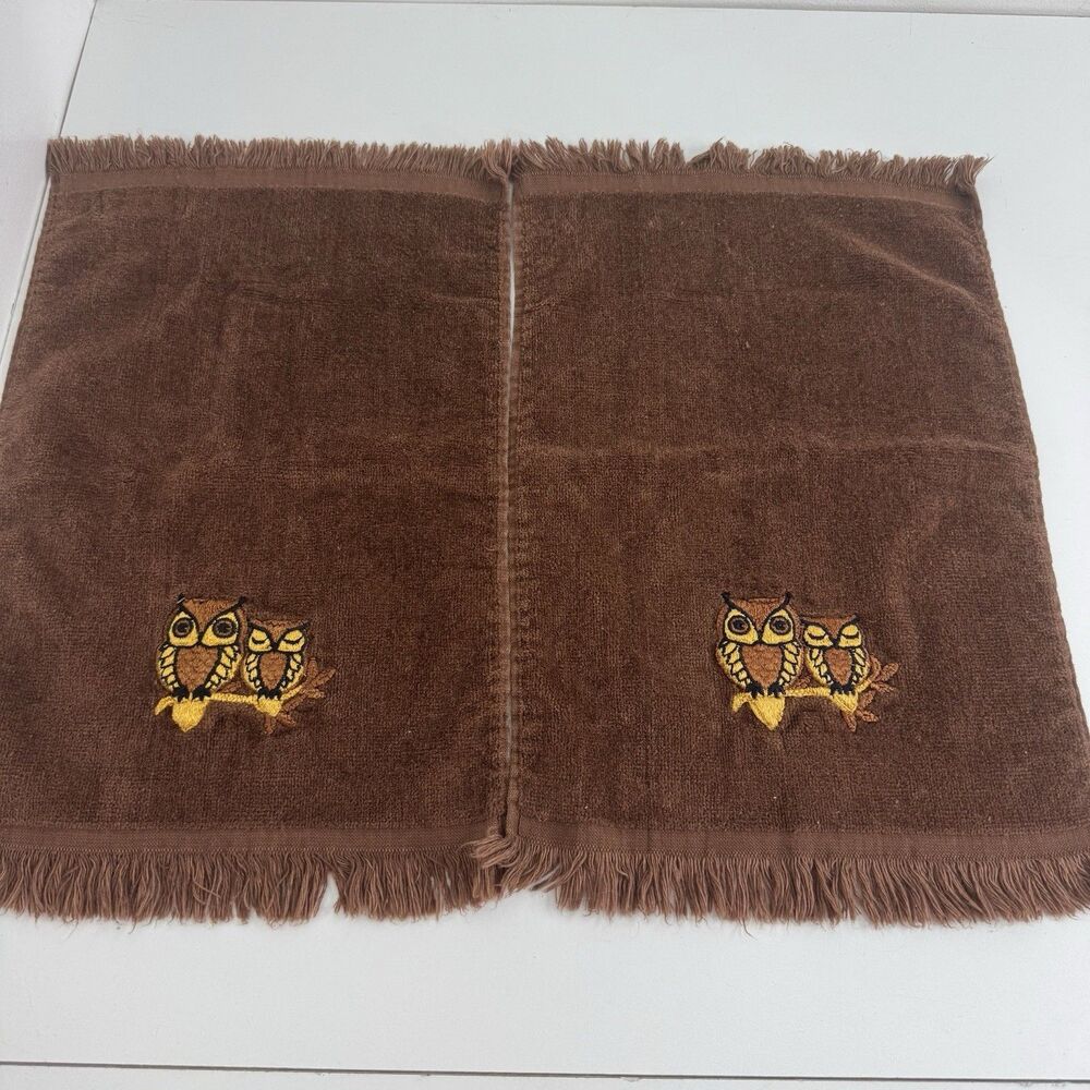 Vtg Owl Hand Towels 60s 70s Country Granny Bathroom Cabin Vanity Gift Prop